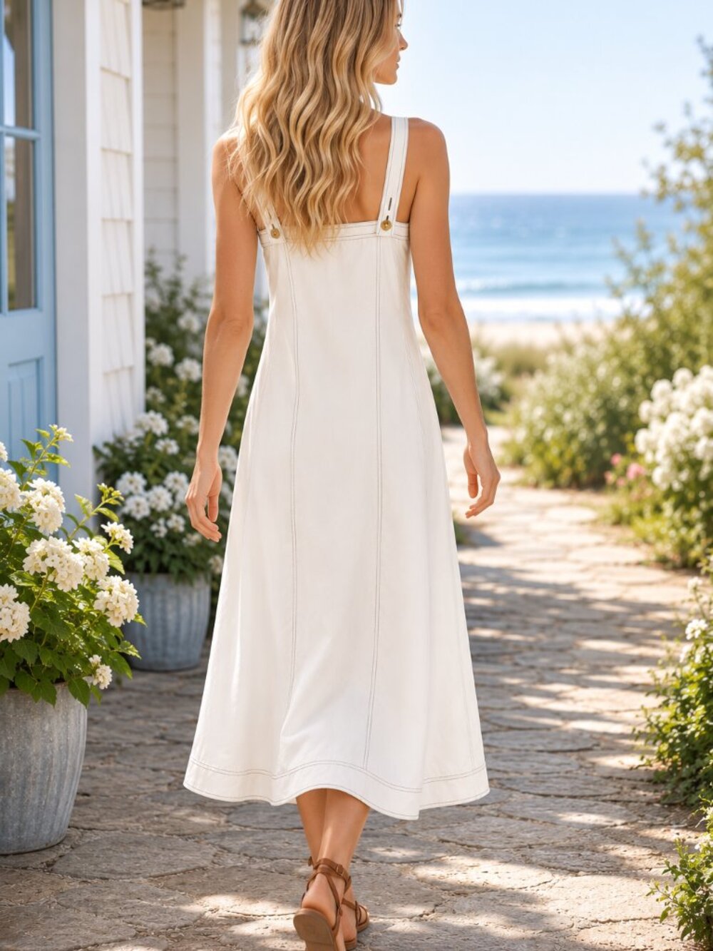 Coastal Luxury White Linen Tencel Blend Contrast Stitch Trapeze Maxi Dress - Picture 4 of 12